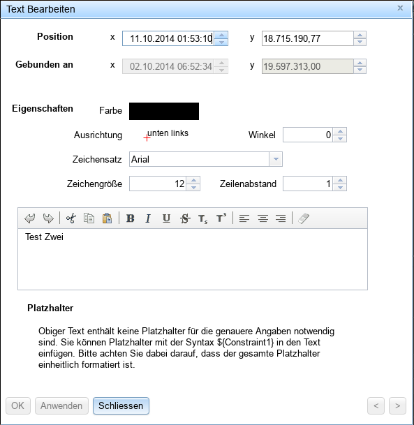 Text-Editdialog zeigt Bindung