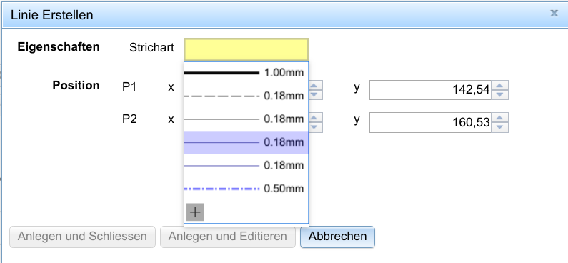 Beispiel: Auswahl der Strichart für eine Linie, inklusive der Möglichkeit an Ort und Stelle eine neue zu
ergänzen